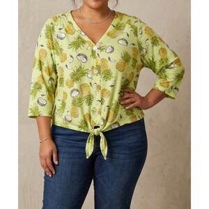 Onque Casual women's pineapple print button-up top with 3/4 sleeves Size Plus 3X